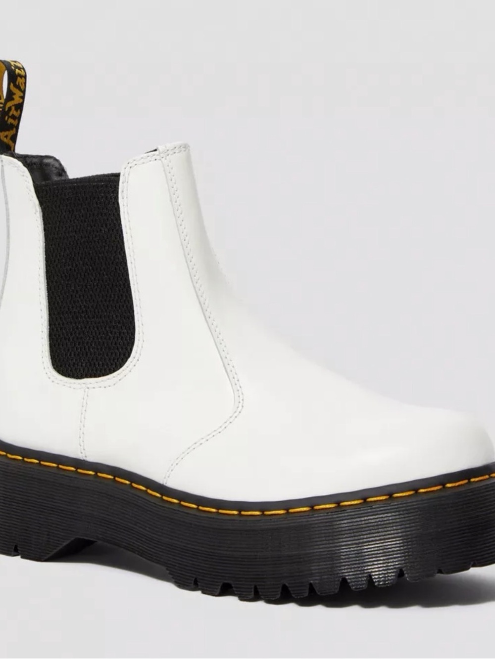 Dr. Martens White Chelsea Boot with Black Elastic and Yellow Stitching